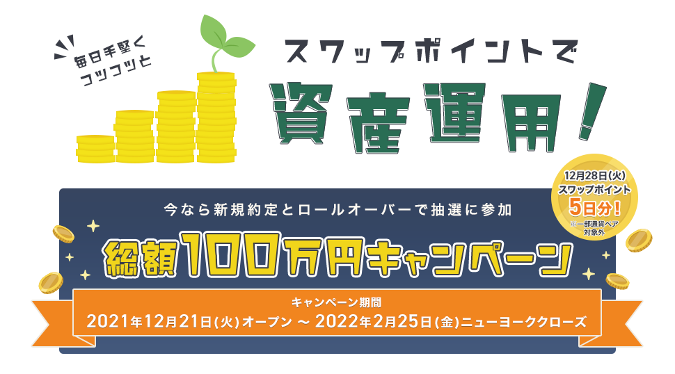 毎日手堅くコツコツと スワップポイントで資産運用！今なら新規約定とロールオーバーで抽選に参加 総額100万円キャンペーン