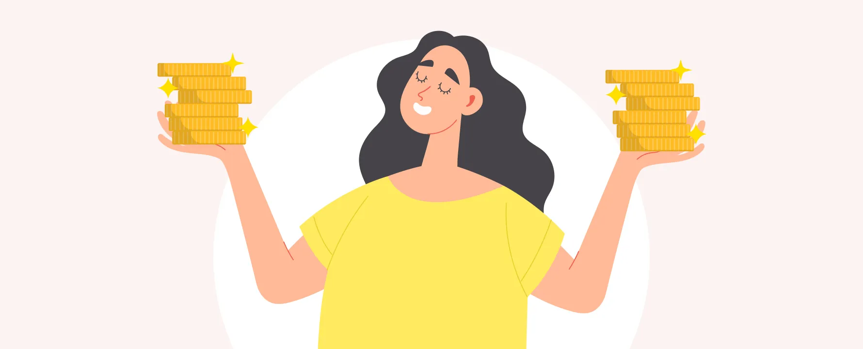 天秤のように両手に同額のお金を乗せて、レバレッジがないことを表現している女性のイラスト