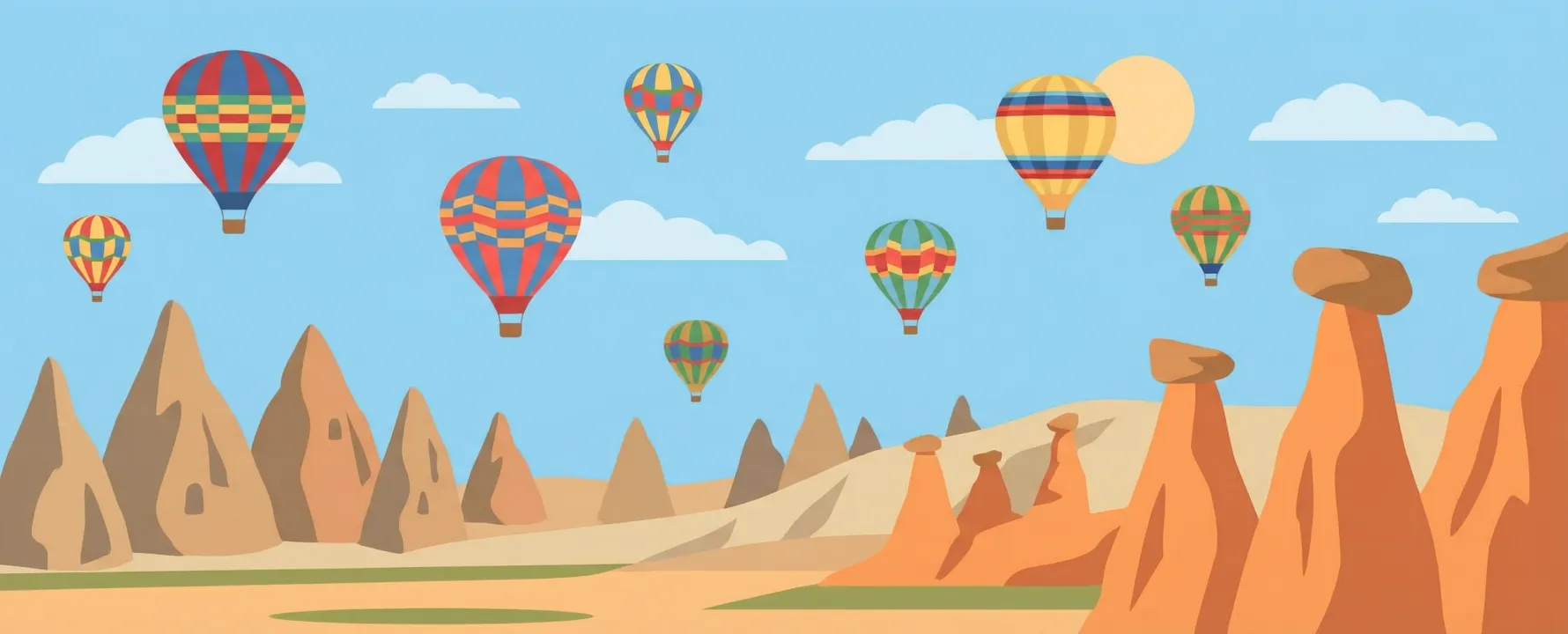 カッパドキアに熱気球が浮かぶ背景のイラスト